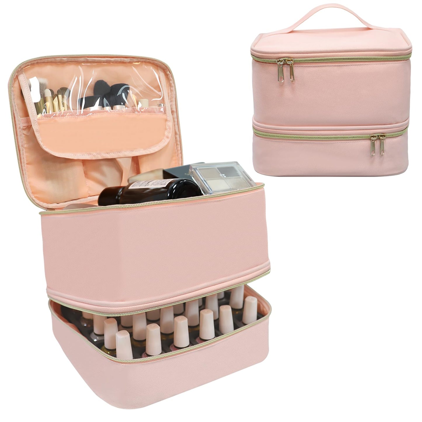Nail Polish Organizer Case, Double-Layer Storage Holds 30 Bottles + UV LED Nail Lamp, Professional Manicure Kit Carrying Bag with Removable Dividers, Portable Travel Nail Art Supplies Organizer (Pink)