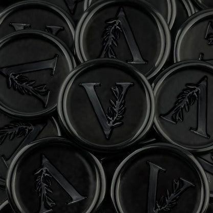 50Pcs Black Wax Seal Stickers Handmade Vintage Botanical Leaves Adhesive Letter Wax Stickers for Wedding Party Invitations, Envelope, Gift Wrap, Christmas(Initial V, Black)