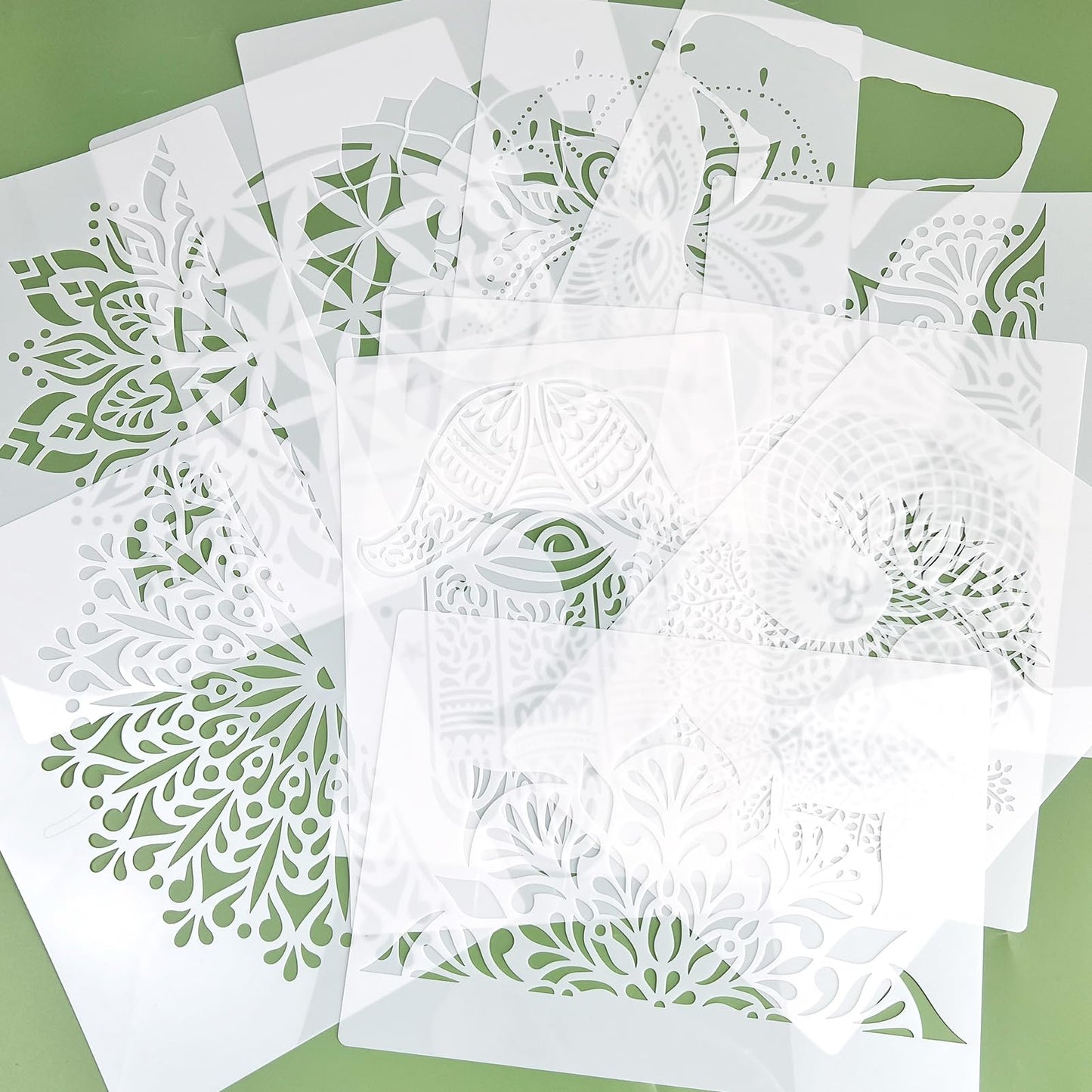 12 Sacred Geometry Stencils - Hamsa Hand, Torus, Om, Lotus, Moon, Mandala, Zen, Flower of Life, Yoga, Spiritual, Meditation Templates for Painting on Wood, Fabric, Walls - 8.3"x11.7"