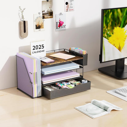 gianotter Wood Desk Organizers and Accessories with File Holder, 4-Tier Desk Accessories & Workspace Organizers with Drawer and Pen Holder, Desk Reference Organizer (Wood, 4T with Drawer)