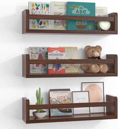 16.5 Inch Set 3 Floating Wall Nursery Book Shelves for Bedrooms Kids Walnut Color Wooden Baby Book Shelf for Kids Rooms