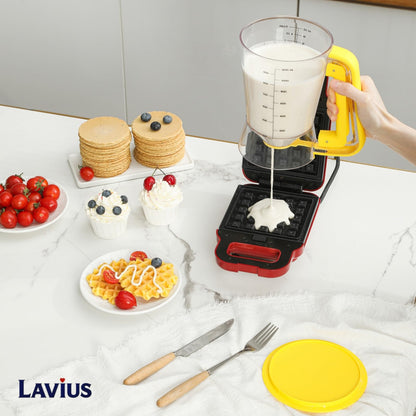 Lavius Pancake Batter Dispenser 5-Cup Batter Pourer for Maker Pancakes, Waffles, Crepes, Muffins, Cupcakes, Easy Squeeze Grip Handle with Proof Nozzle, Precise Baking Tools（Yellow）