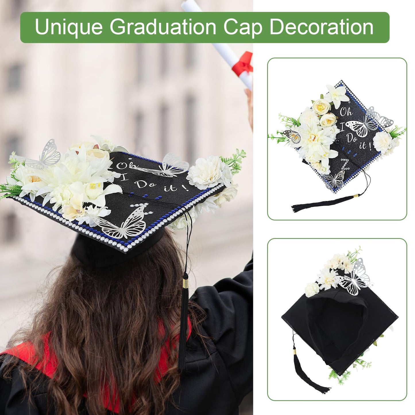 TKNOUS White Flower DIY Graduation Cap Decorations - Artificial Flower Heads, 3D Butterfly & Alphabet Letter Stickers, Glitter Paper for Art DIY Hat Grad Cap Topper