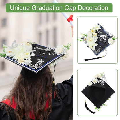 TKNOUS White Flower DIY Graduation Cap Decorations - Artificial Flower Heads, 3D Butterfly & Alphabet Letter Stickers, Glitter Paper for Art DIY Hat Grad Cap Topper