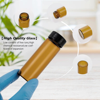 Kesell 12Pcs 30ML Amber Glass Bottle with Black Caps 1 oz Empty Liquid Sample Vial for Lab, Perfume, Essential oils, Refillable Glass Vial with Lids (Comes with red handwritten sticker paper)