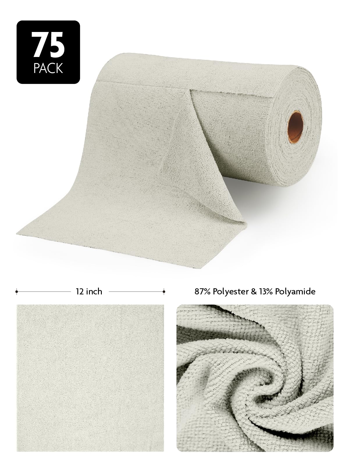 Fantasticlean Microfiber Cleaning Cloth Roll -75 Pack, Tear Away Microfiber Towels, 12" x 12", Reusable, Washable, Scratch Free, Ultra Absorbent Dishcloth for All-Around Cleaning Supplies (Cool Grey)