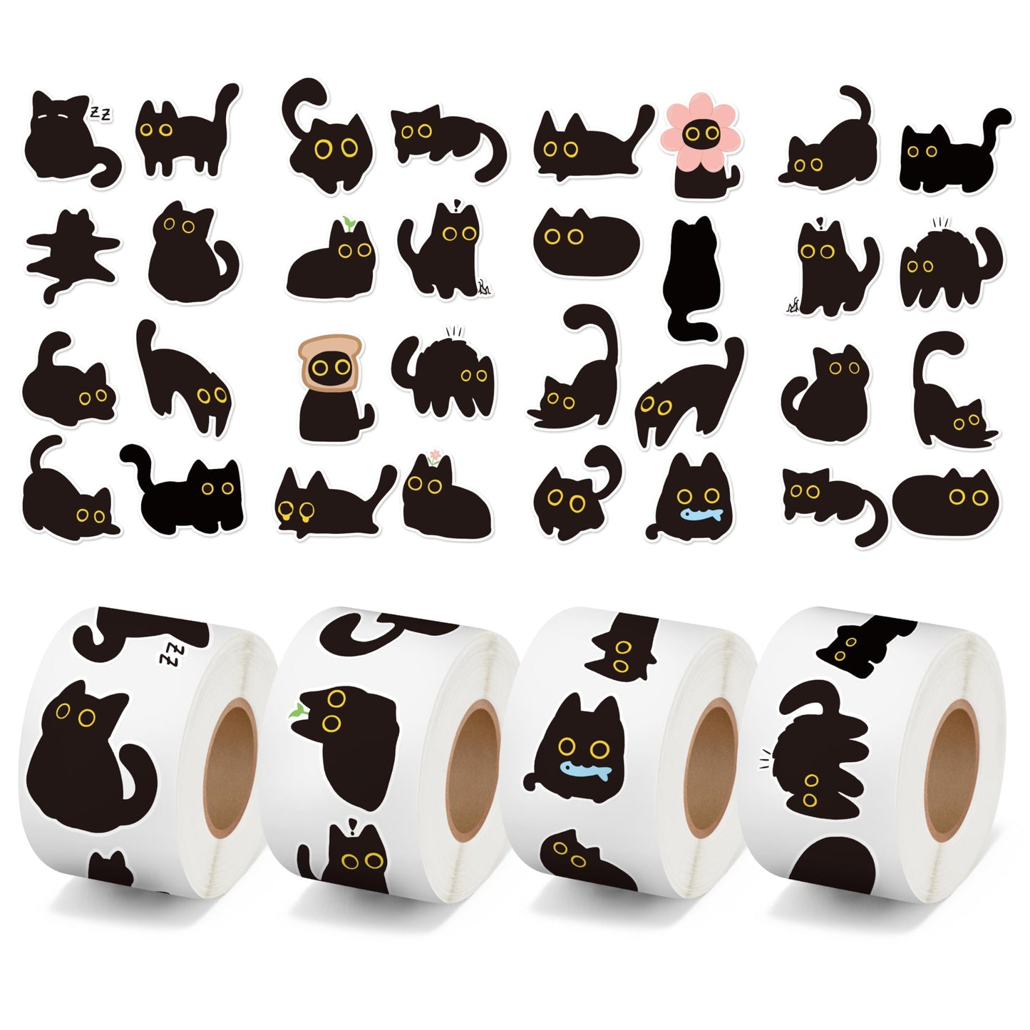 DSjuedui Black Cat 4 Roll Stickers - 2000Pcs Funny Cute Cartoon Meme Decorative Decals for Girls Boys Water Bottles Guitar Skateboard Laptop Kids Rewards Home Decor Birthday Gifts Party Favor Supplies