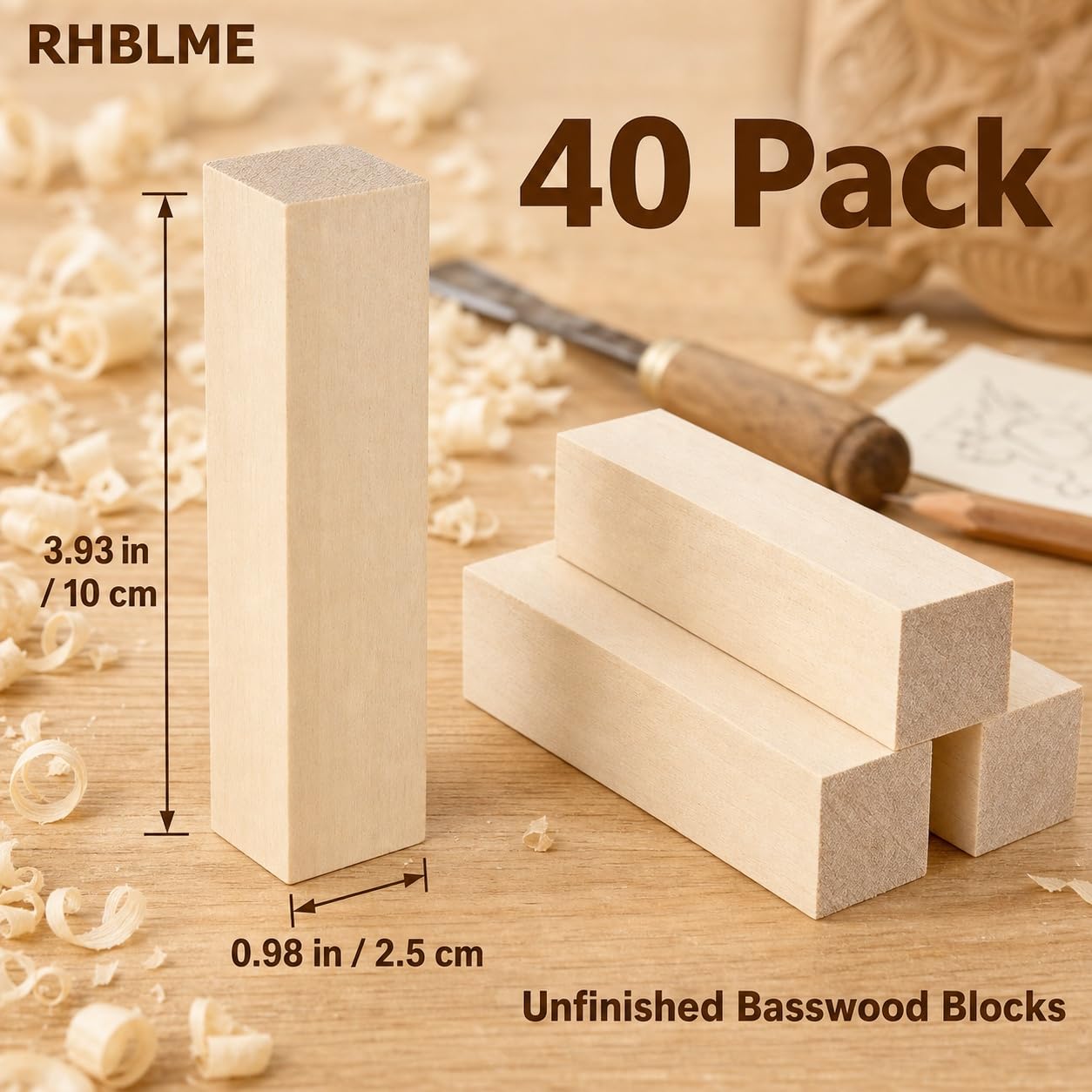 RHBLME 40 PCS Basswood Carving Blocks, 4" x 1" x 1" Unfinished Wood Blocks for Carving, Wooden Cubes Soft Solid Wooden Basswood for Wood Carving Beginners or Expert Carvers and Whittling