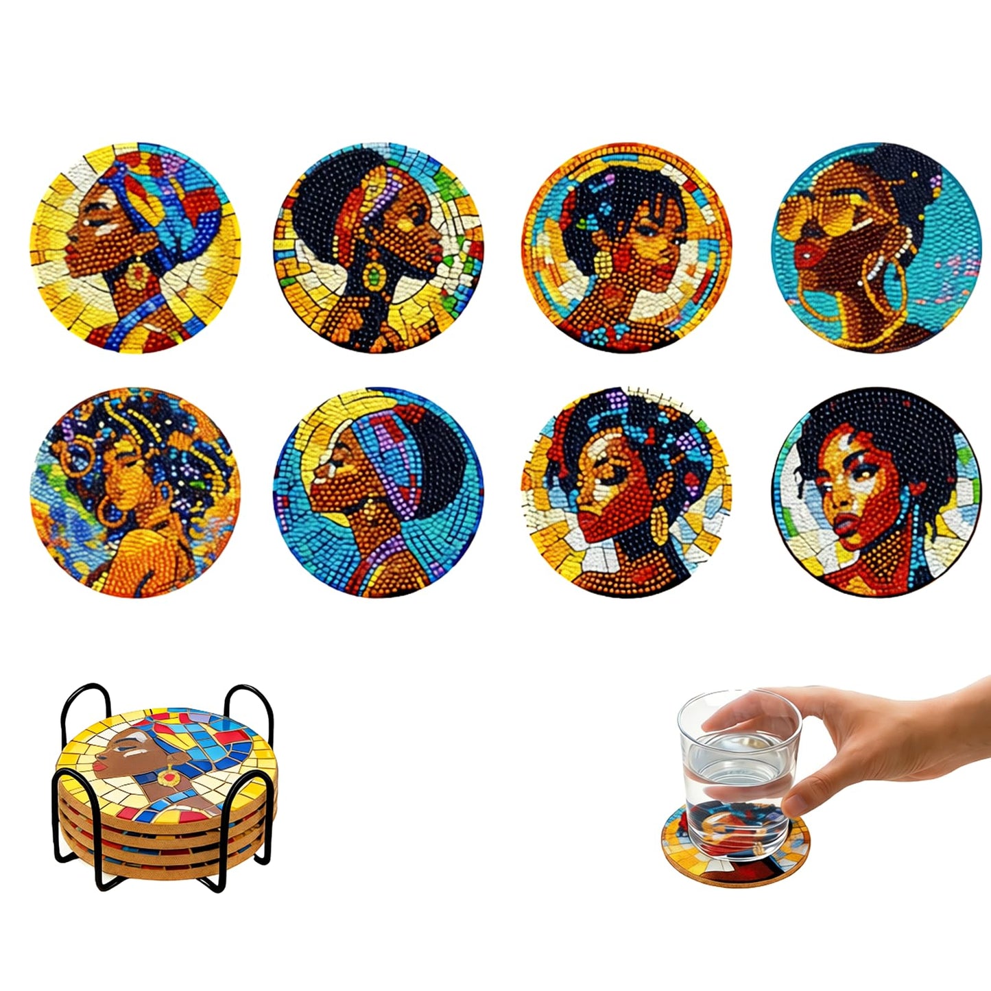 8 PCS Black Girl Diamond Art Coasters Kits for Adults - 4 Inch DIY Diamond Painting Coasters, Artistic African American Women 5D Mandala Crafts for Fun DIY Experience, Beginners, Gift