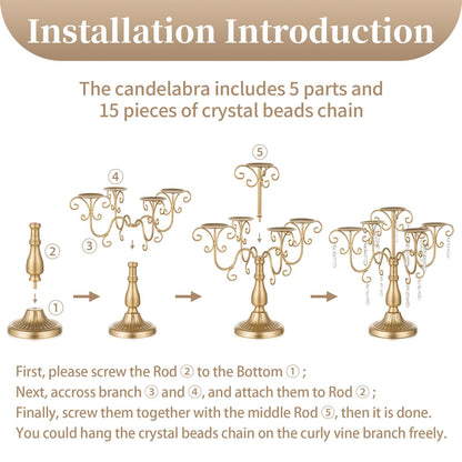 Sziqiqi Candelabra Centerpieces Gold Candle Holder - 5 Arm Pillar Candle Holders with Crystal Beads for Christmas Table Centrepiece Halloween Wedding Candleholders Decoration