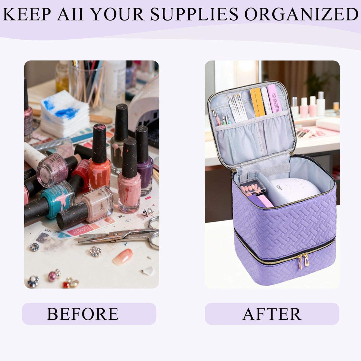 RZMAYIS Nail Polish Organizer, Nail Polish Storage Holds 30 Bottles & Nail Lamp, Double Layer Nail Bag Organizer Case, Portable Nail Polish Holder for Nail Tech Travel & Manicure Kit