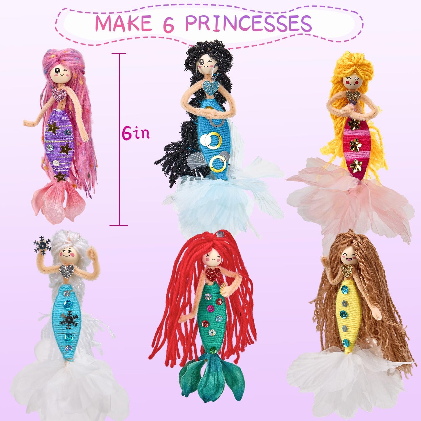 FANGCRAFTED Mermaid Princess Dolls Making Mess Free Yarn Wrapping Craft Kits, 6 Individually Packed Craft Kits for Boys Girls Age 4 5 6 7 8 9 10 11 12, Mermaid Birthday Party, Craft Supplies