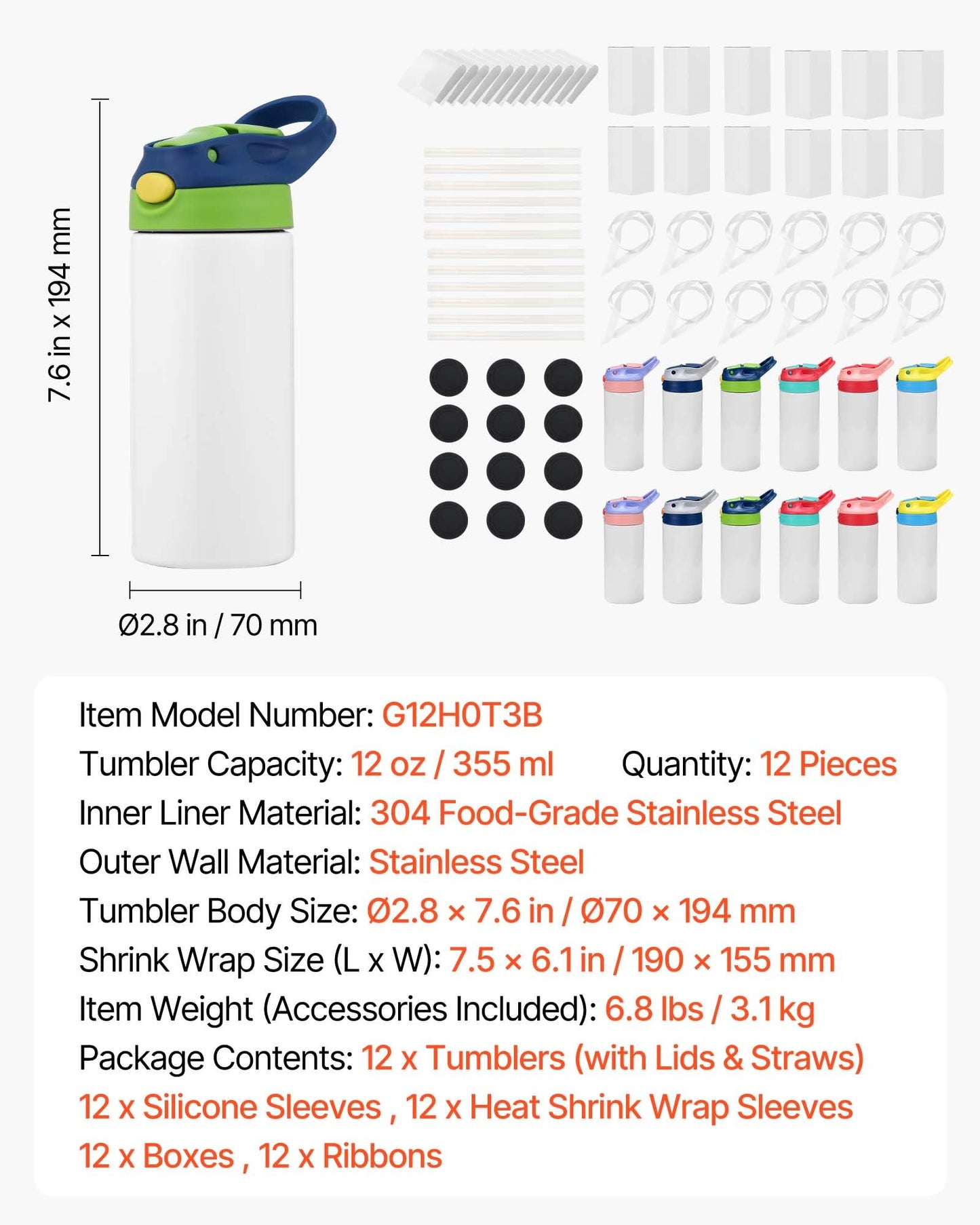 VEVOR Sublimation Tumblers, 12 Pack, 12 oz Kids Sublimation Water Bottles, Food-Grade Stainless Steel Cups with Lids and Straws, Double Wall Insulated Tumbler Blank, for DIY Personalized Customization