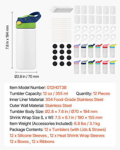 VEVOR Sublimation Tumblers, 12 Pack, 12 oz Kids Sublimation Water Bottles, Food-Grade Stainless Steel Cups with Lids and Straws, Double Wall Insulated Tumbler Blank, for DIY Personalized Customization