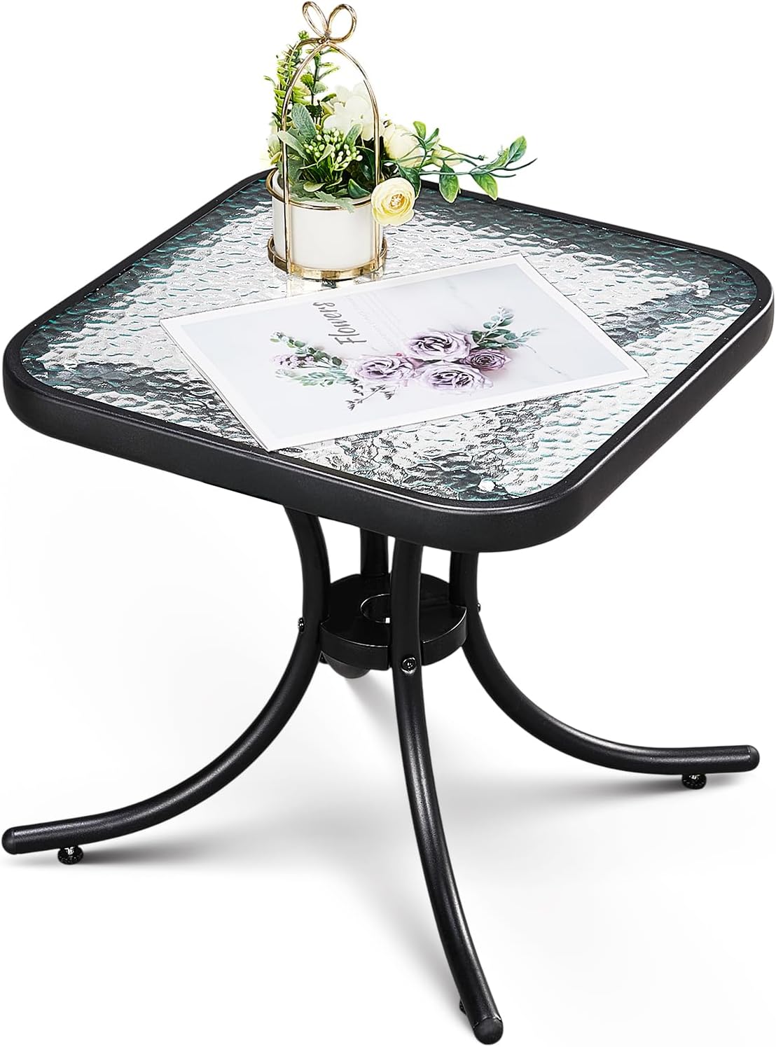 18" VINGLI Outdoor Side Table, Patio Table Steel Frame Tempered Glass Top, Weatherproof Small Tables for Balcony Garden