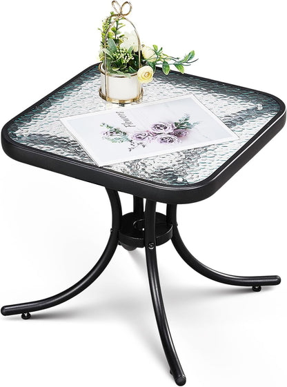 18" VINGLI Outdoor Side Table, Patio Table Steel Frame Tempered Glass Top, Weatherproof Small Tables for Balcony Garden