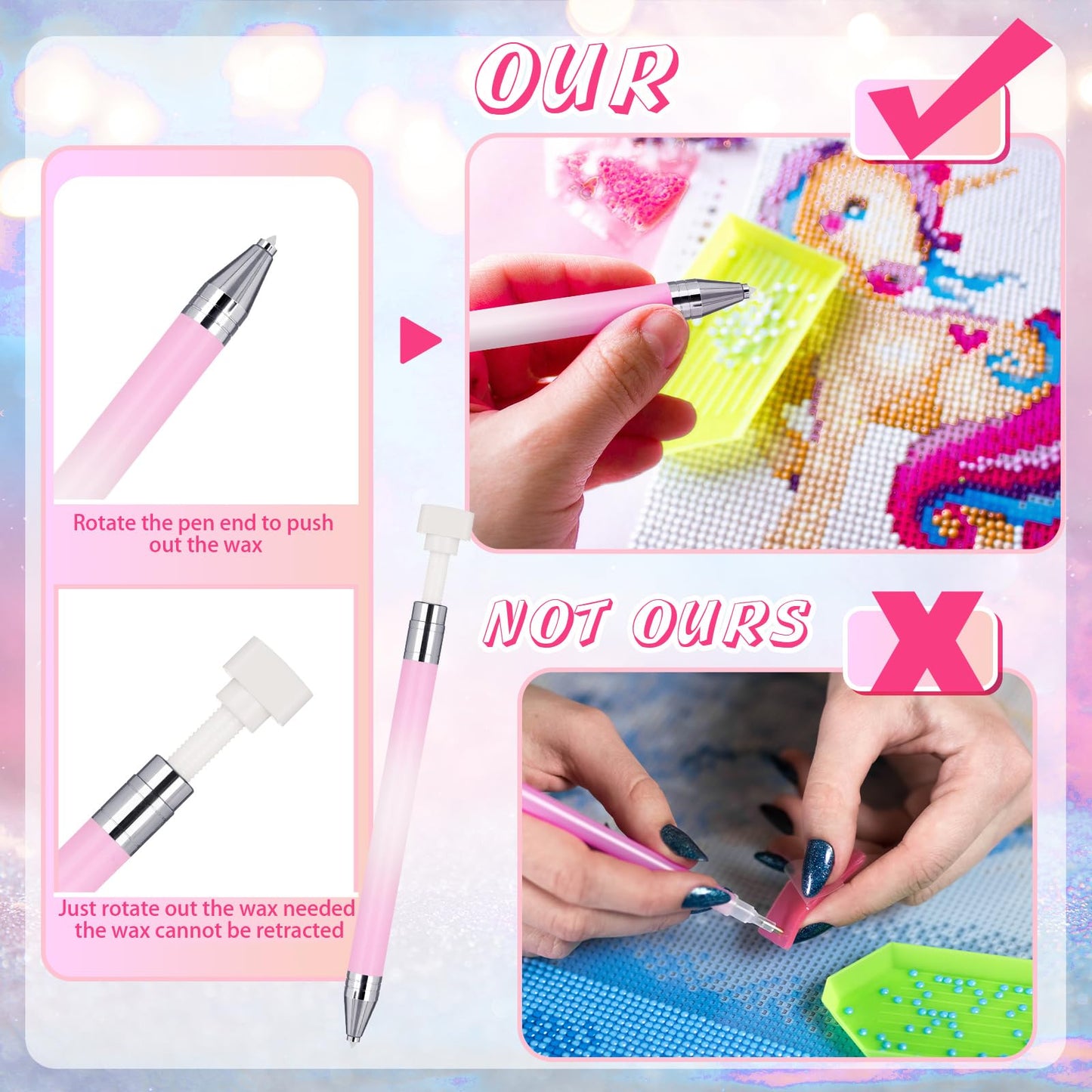 Jutom 2 Pack Diamond Painting Pens with 40 Replacement Wax Pink Wax Diamond Art Accessory with Protective Case Art Pen Tool for Nail DIY Painting Craft Gem(Gradient)