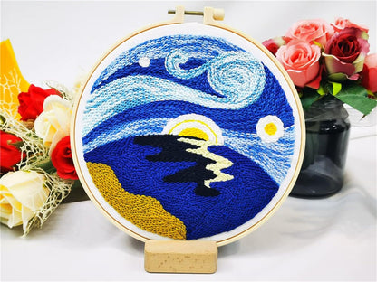 Abillyn Punch Needle Embroidery Starter Kit for Beginner, Punch Needle Fabric with Starry Sky Pattern, Embroidery Hoops and Embroidery Pen (Moonlit Night)