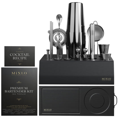 MIXLO HOME Mixology Bartender Kit - 22Pcs Bar Set Cocktail Shaker Set w Black Bar Cart Accessories Stand - Shakers Bartending Gun Metal Black Tools, 24oz Shaker, 17 Recipe Cards, Martini Barware