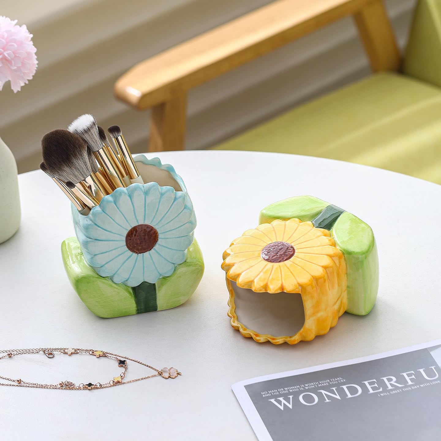 Ceramic Flower Makeup Brush Holder for Women Girls, Cute Pen Pencil Cup Pot for Desk Organizer, Bathroom Toothbrush Holder Home Office Decor (Yellow Sunflower)