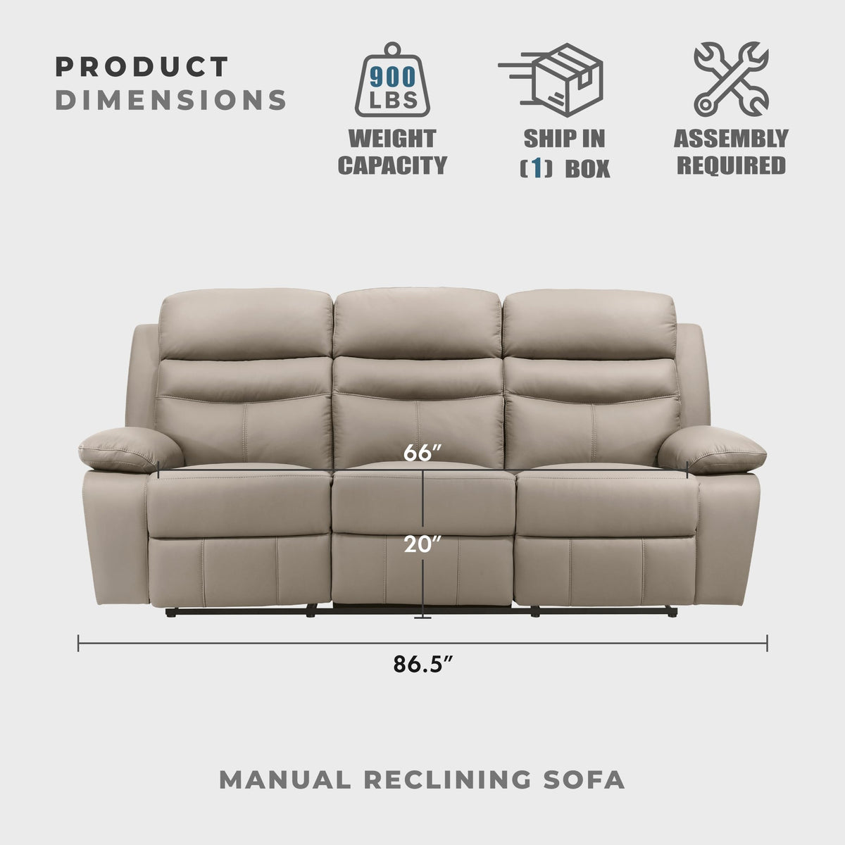 Lexicon 86.5" W Manual Reclining Sofa, Top Grain Leather Match Reclining Sofa, Home Theater Seating, Wall Hugger Recliner Couch, Manual Double Recliner RV Couch for Living Room, Latte