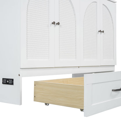 Ball & Cast Murphy Bed Queen Size Bedroom Folding Wall Cabinets Frame with Large Drawer and USB Ports,Hideaway Bed w/Tri-Fold Mattress Design,for Guest Room,Study,Office,White