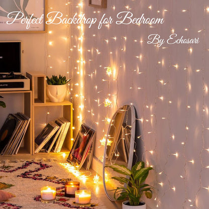 echosari 300 LED Curtain Lights Battery Operated, 9.8ft×9.8ft Hanging Lights with Remote Timer Fairy Curtain Lights for Bedroom Patio Wedding Backdrop Party Decór (Warm White)