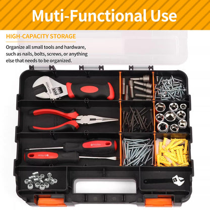 Small Parts Organizer, 34-Compartments Hardware Organizer Box, Double Side Storage Case Tools Box with Removable Dividers for Screws, Bolts, Nails, Beads, Jewelry & More