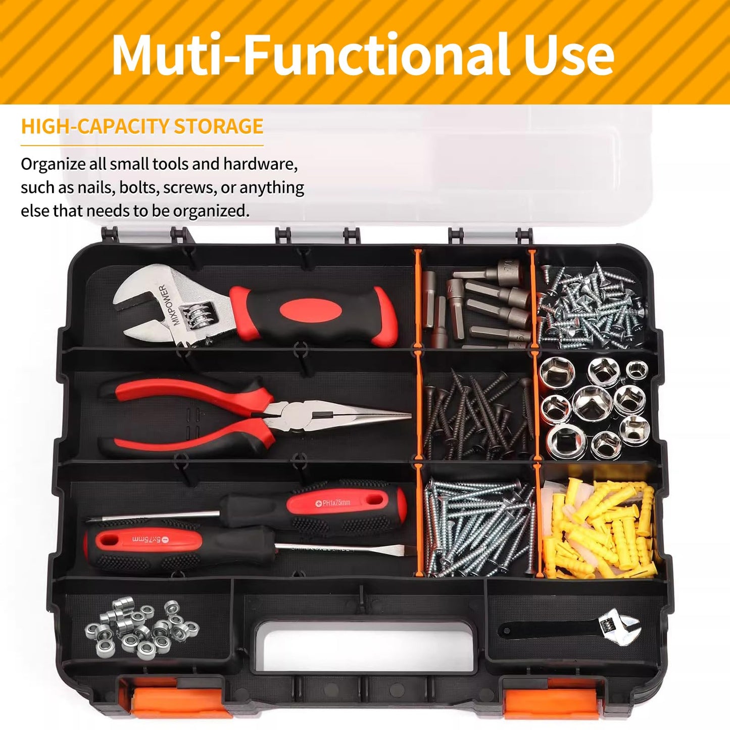 Small Parts Organizer, 34-Compartments Hardware Organizer Box, Double Side Storage Case Tools Box with Removable Dividers for Screws, Bolts, Nails, Beads, Jewelry & More
