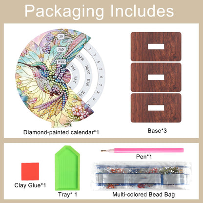 MVVMTOP Diamond Painting Wooden Rotating Calendar Kit, Hummingbird Design Special Shape Diamond Art Handicraft Kit, Rotating Day Month Week and Reusable Calendars, Ideal for Desk Decor & Gift