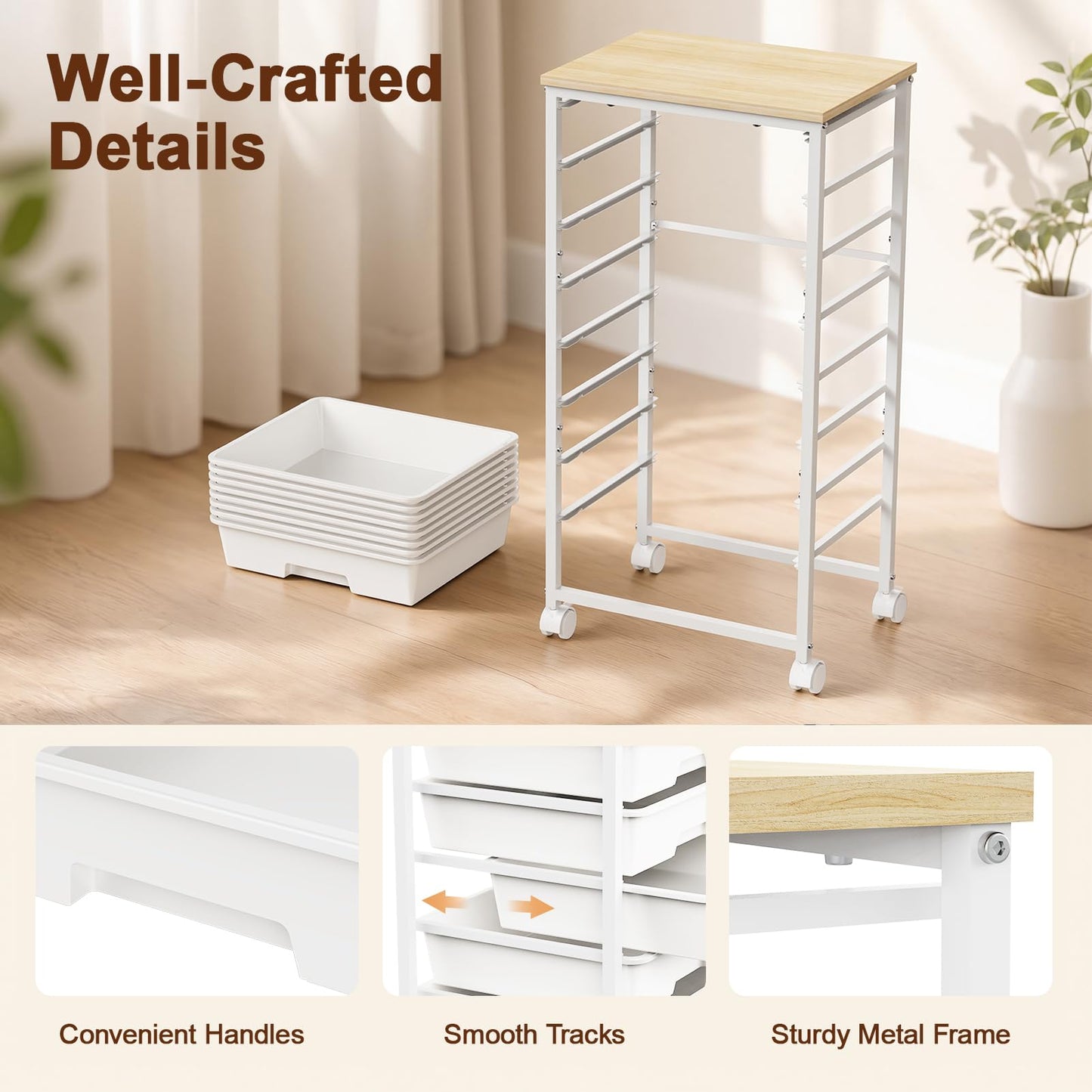LEHOM Rolling Storage Cart with 8 Drawers, Utility Cart on Wheels with Metal Frame and Wooden Tabletop for Living Room Bedroom Dorm, Office Storage & Art Supply Craft Organizer for Classroom