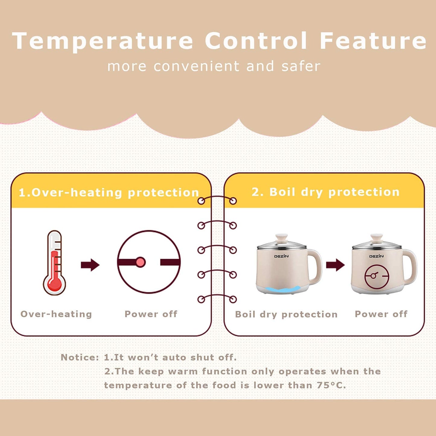 Dezin Electric Pot, 1.6L Ramen Cooker, Hot Pot Electric Stainless Steel, Multifunctional Cooker for Egg, Pasta, Soup, Porridge, Oatmeal with Temperature Control and Keep Warm Function