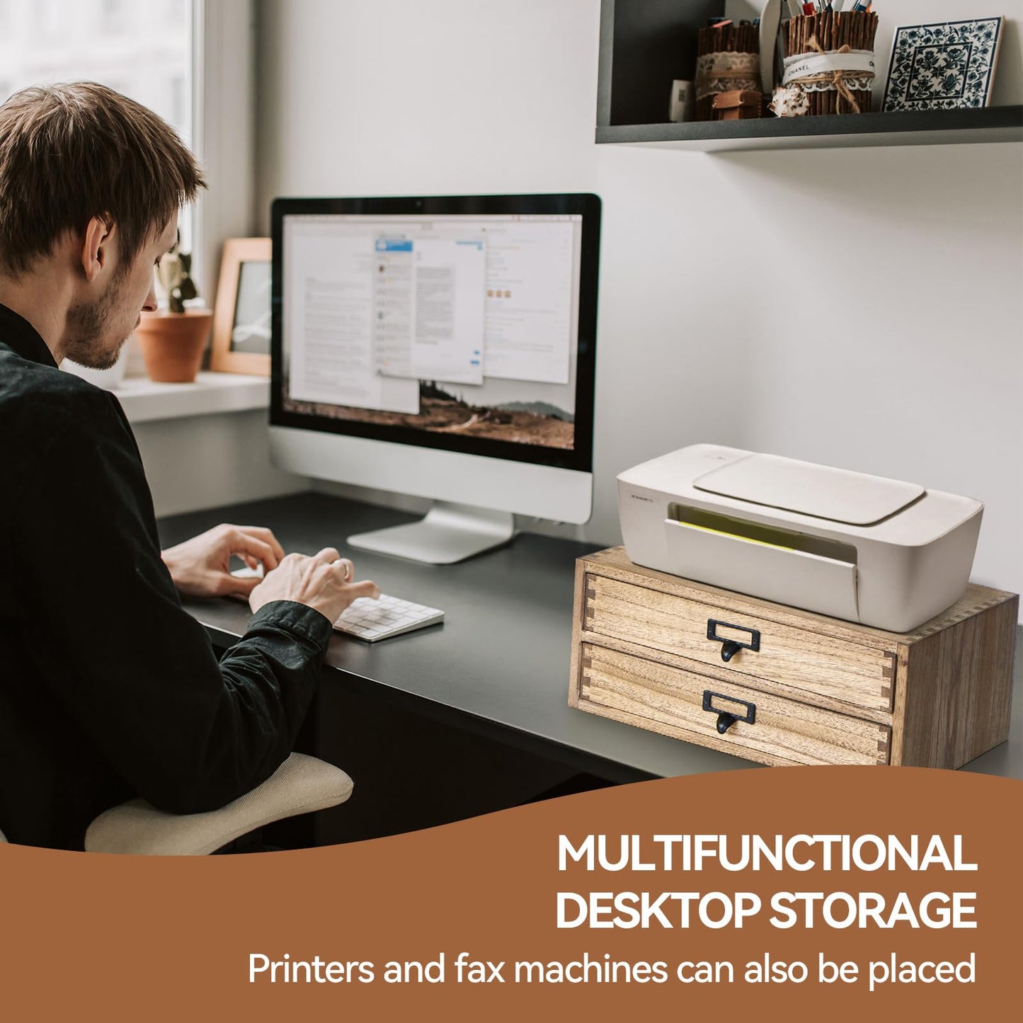 KIRIGEN Wooden Desk Organizer with 2 Drawers, Wood Desktop Storage Cabinet, Shallow Office Drawer Organizer for Printer Paper and Mail, No Assembly, 13.78 W x 10.6 D x 5.9 H In, FAX-DBR