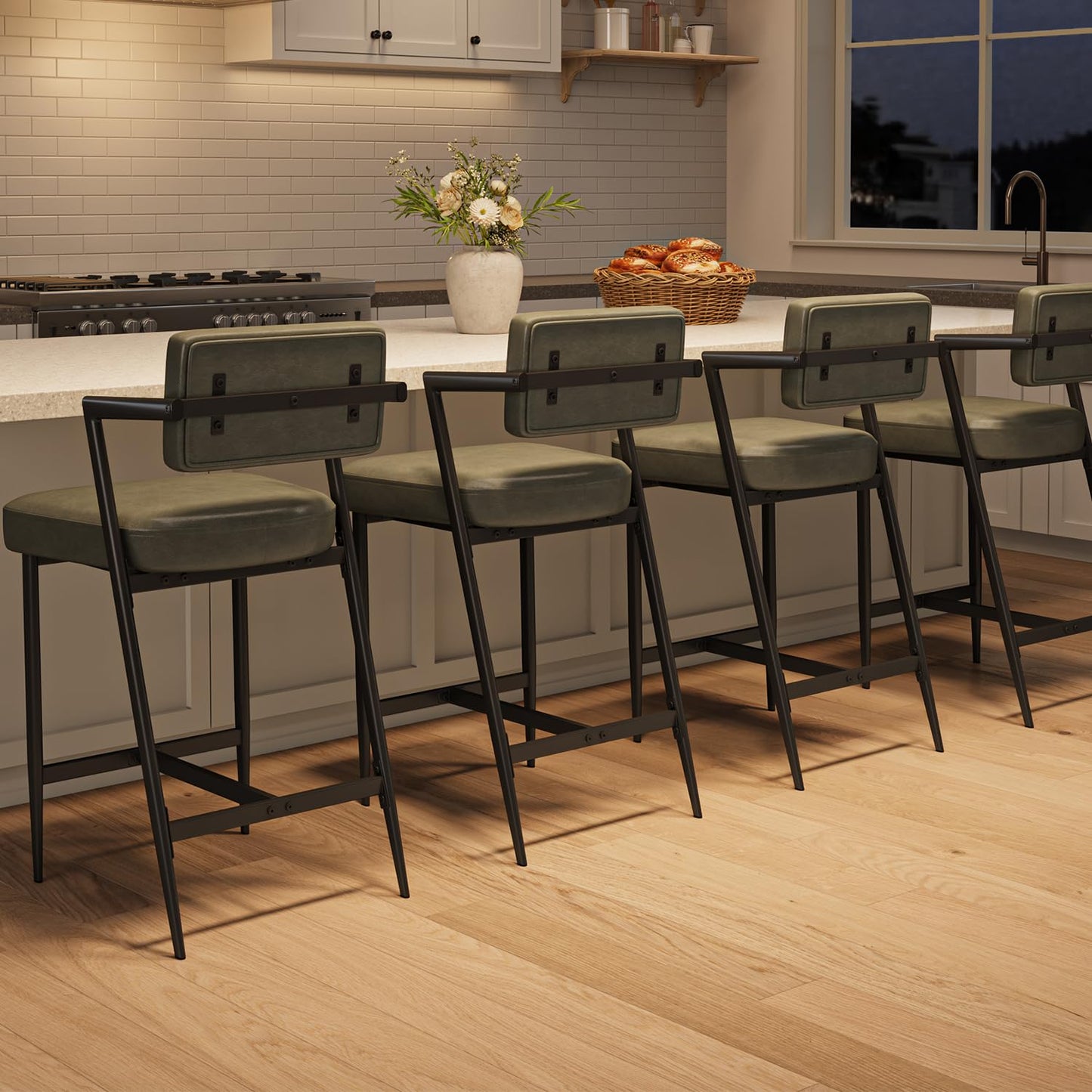 Garvee Bar Stools Set of 6 w/Arms & Footrest, Upholstered Bar Stools with Backrest & Thickened Metal Legs, Counter Height Bar Stools with Thick Cushion for Island, Counter Bar, Retro Green