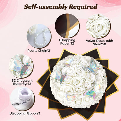 jabeick 50 Pcs Fake Roses White Artificial Flowers Bulk, Faux Velvet Silk Rose Bouquet with Long Stems Real Look for Wedding Party Centerpieces Vases Decor