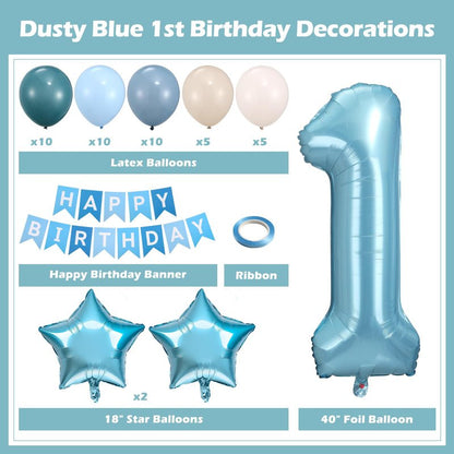 HEDUPT 1st Birthday Decorations Boy, First Birthday Decorations for Boy with Happy Birthday Banner, 40inch 1 Balloon Number, Dusty Blue Balloons, Baby One Year Old Birthday Party Decor
