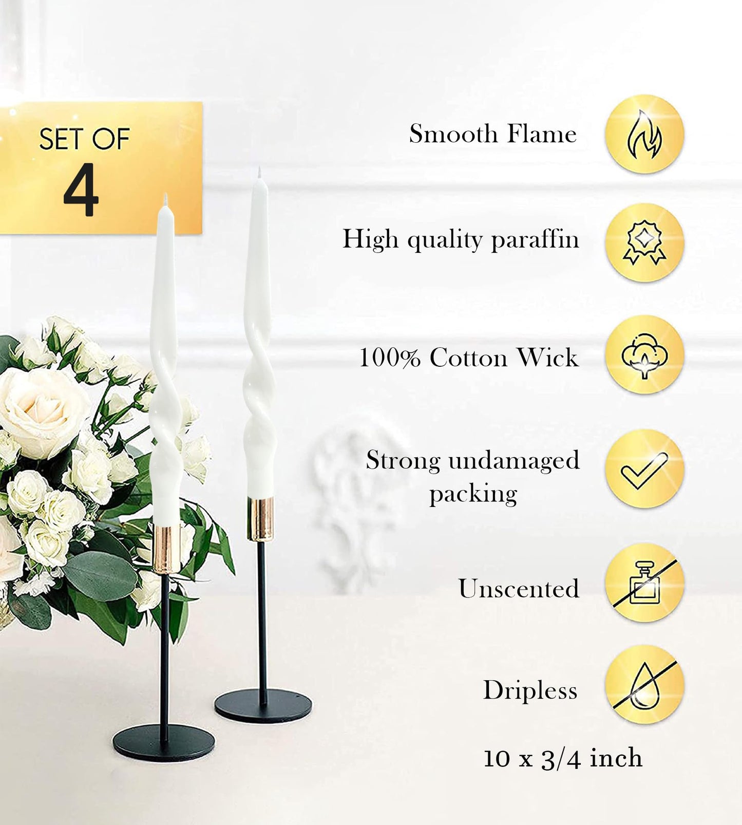 Taper Candles Twisted Candle Conical Stick Candles for Holiday Wedding Party Wax Unscented Dinner Candle Dripless,Birthday Gift Christmas Gift H 10 Inch,8pcs