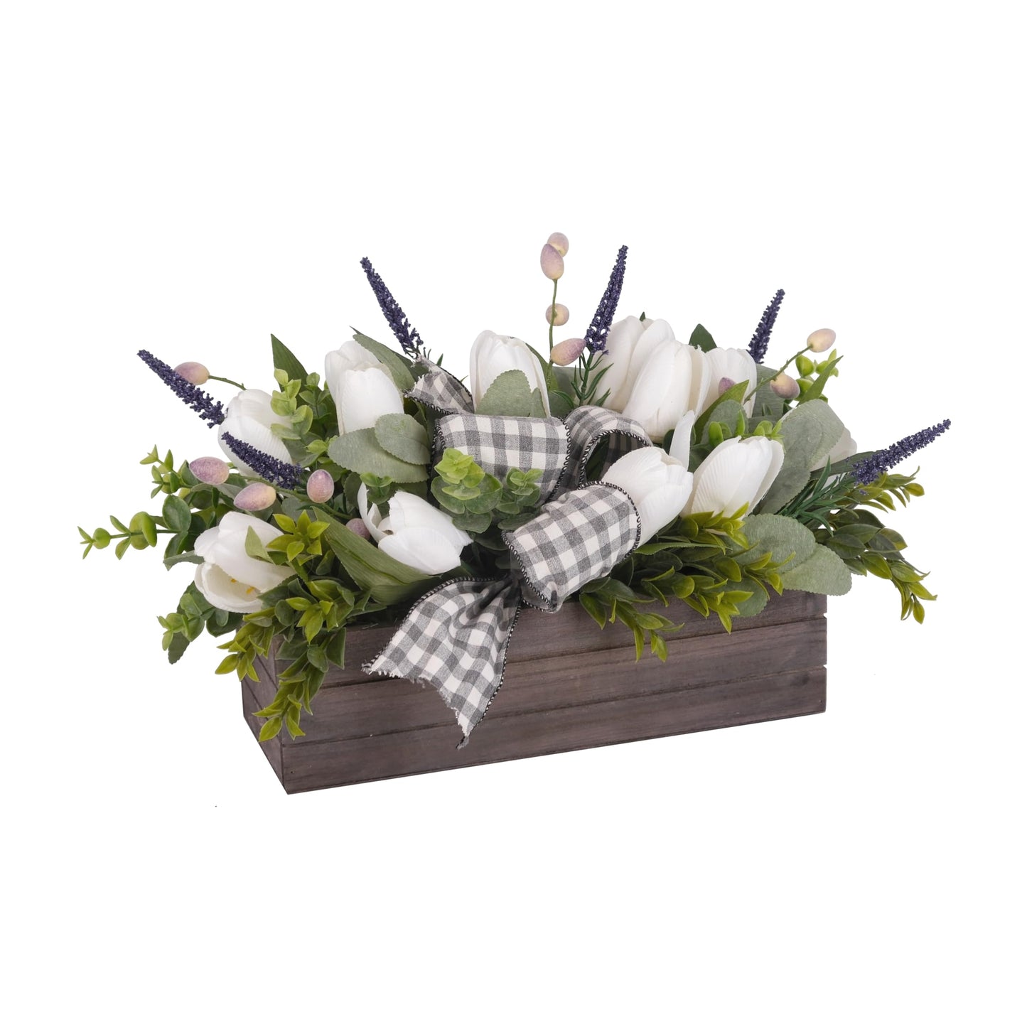 Spring Table Decor Faux White Tulips Arrangement, Spring Easter Tabletop Floral Centerpiece, Artificial Tulip Lavender Eucalyptus Boxwood and Bow in Rectangular Wood Box for Home Decoration, 14in