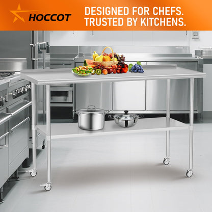 HOCCOT Stainless Steel Prep Table 30" X 60" with Adjustable Undershelf, Backsplash and Wheels, Commercial Metal Workstations for Kitchen, Garage, Home and Hotel