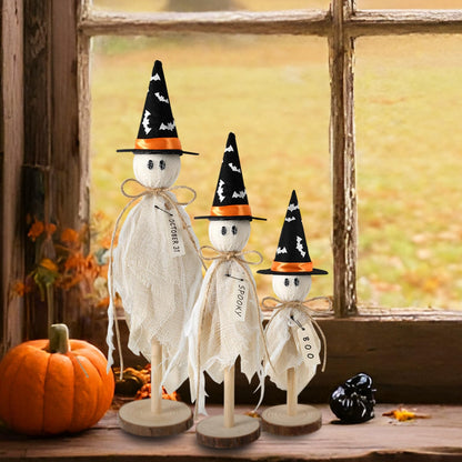Yanleen Halloween Decorations Indoor, Set of 3 Primitive Halloween Ghosts with Witch Hat Bat on Wooden Stand Spooky Halloween Table Decor Table Centerpieces, Tiered Tray Decor, Shelves Mantels