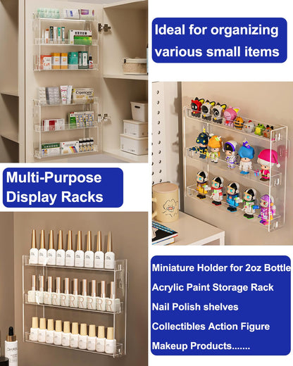 Cocheetah 2Pack 3 Tier Display Rack, Clear Paint Rack Wall-Mount (No Drill), Acrylic Craft Paint Storage Organizer, Miniature Holder for 2oz Bottle, Nail Polish Organizer, Badges, Mini Figures (2)