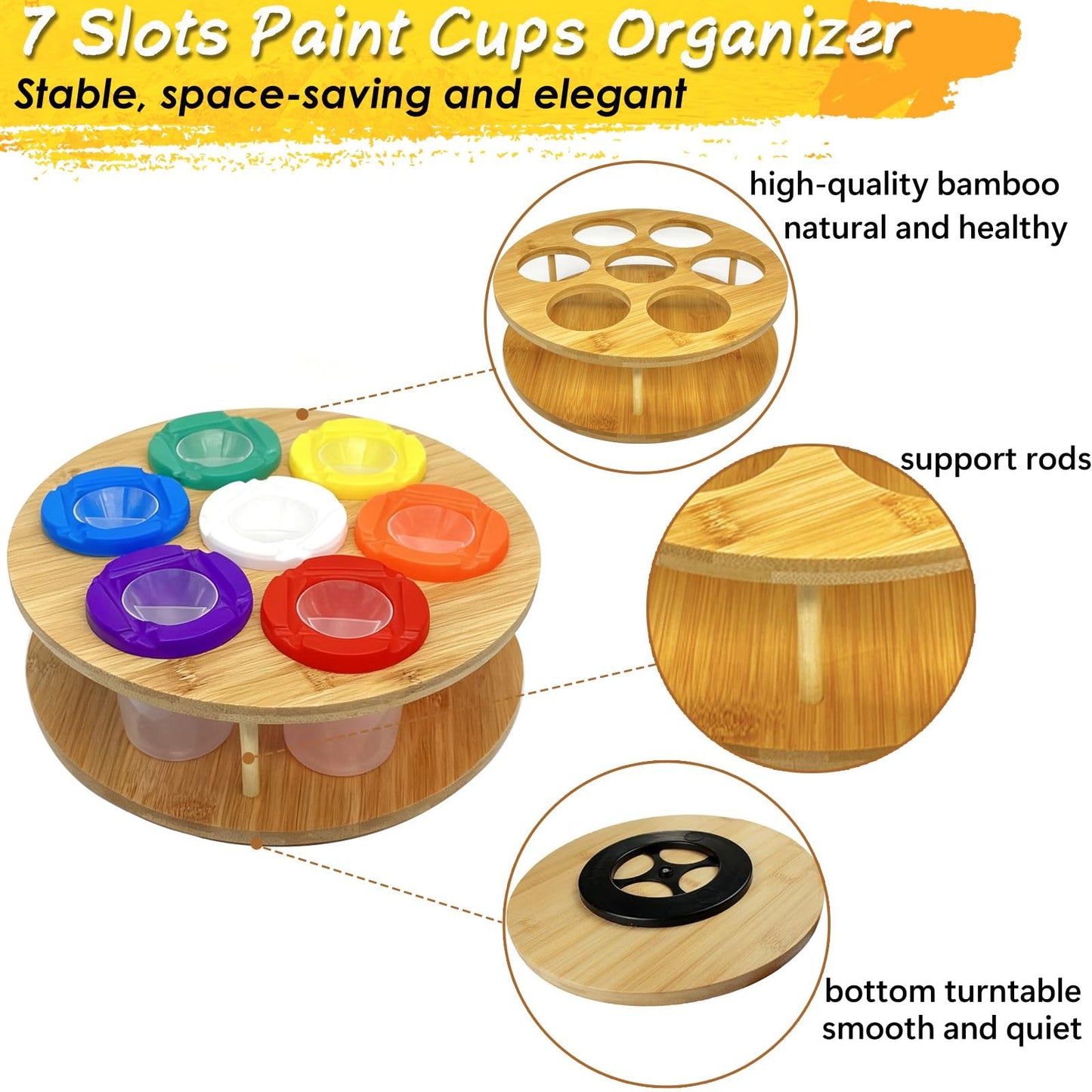 Paint Cups with Lids for Kids, 7pcs Spill Proof Painting Cups with Rotating Holder Toddler Paints Brushes No Spill Paint Cups with Kids Art Smock Paint Containers Art Supplies for Classrooms
