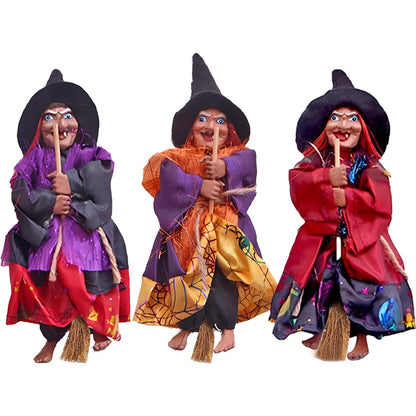 BravOne 3 PCS Halloween Hanging Witches Decorations, 8" Halloween Witches Ornaments Flying Witches Figures on Broom Halloween Outdoor Indoor Decorations Haunted House Hanging Props Party Decor (#A)