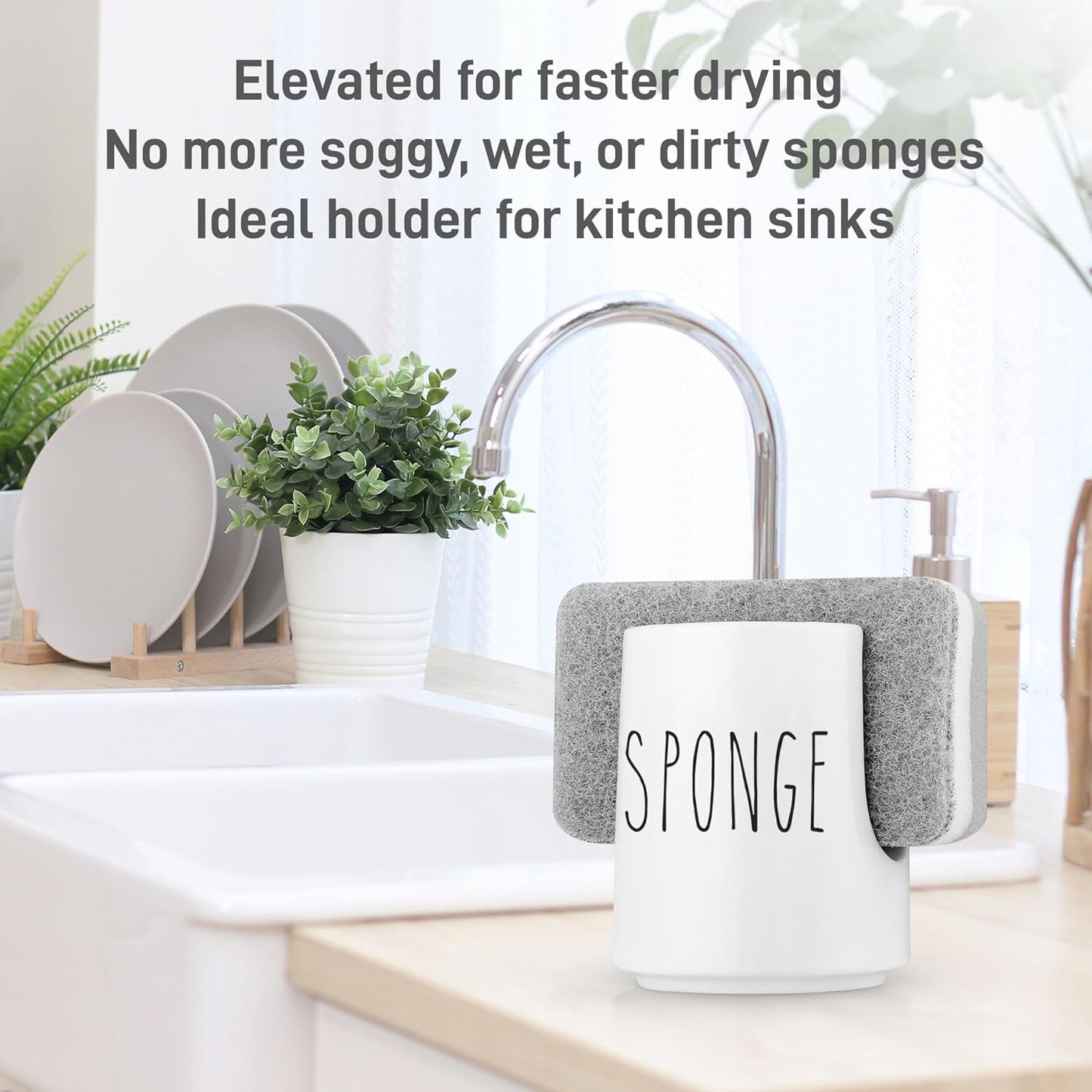 White Ceramic Sponge Holder for Kitchen Sink – Cute Farmhouse Sink Caddy Organizer – Sponge Rest for Countertop