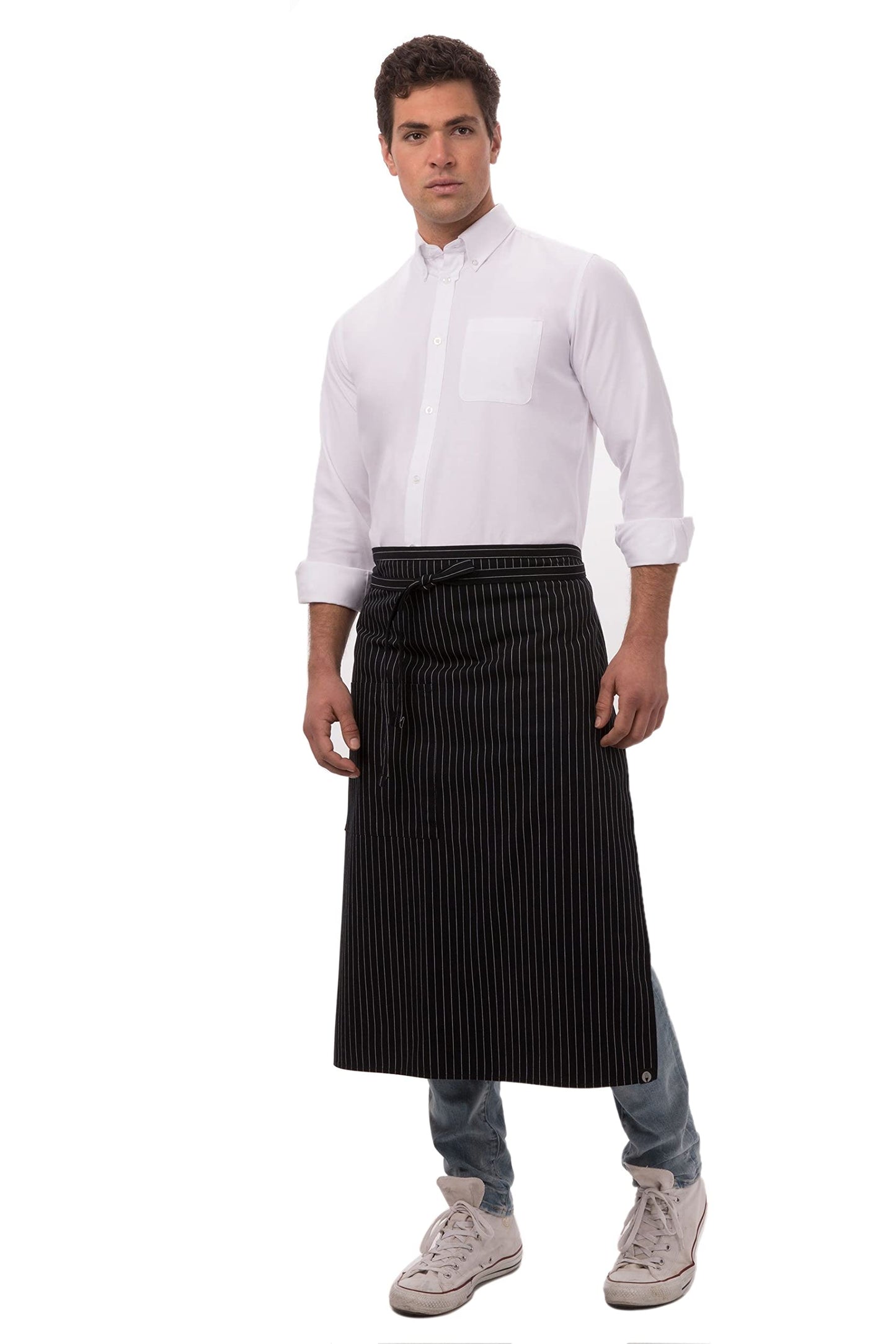 Chef Works Unisex Bistro Chef Apron, Black/White Pinstripe, One Size