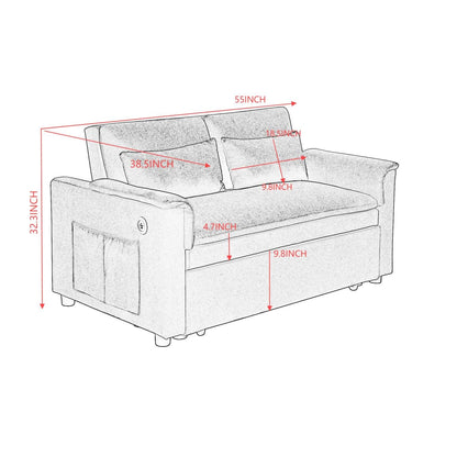 55" Convertible Futon Sofa Bed, Velvet 3 in 1 Sleeper Sofa Bed, Pull Out Couch with USB Ports & 2 waist pillows, Adjustable Backrest Loveseat Sofa, Small Couches for Living Room Apartment, Taupe Brown