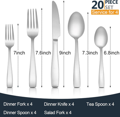 E-far Matte Silverware Set for 4, 20 Pieces Stainless Steel Flatware Set with Square Handle, Dishwasher Safe