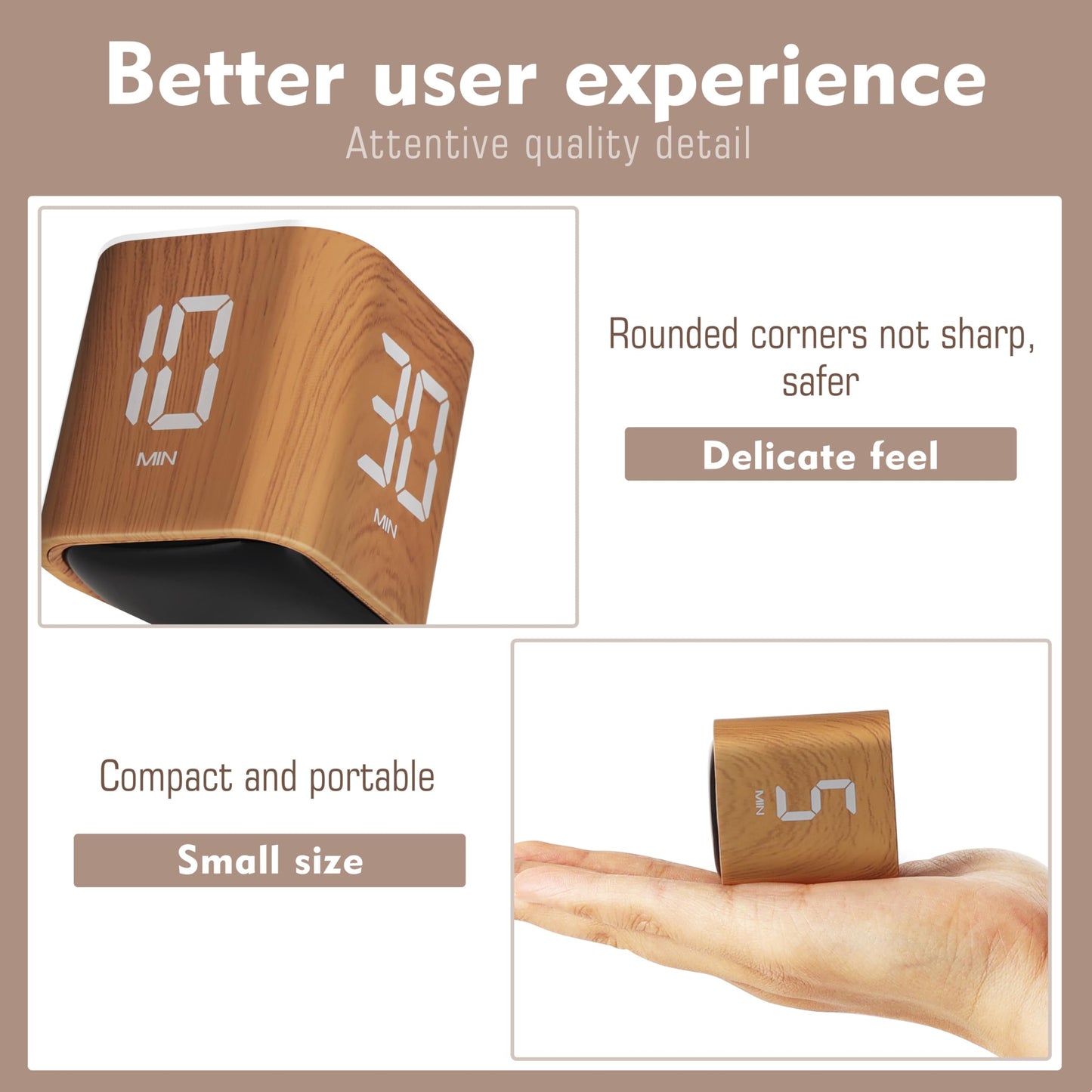 VEWINGL Cube Productivity Timer, 5/10/30/60 Min Presets + Custom Countdown, Silent/Vibrate/Sound Alarm, Pause & Resume, Desk Timer for Work, Study, Tasks, Kitchen