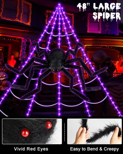 3D HD Dynamic Giant Spider Halloween Projector+Brighter Spider Webs Lights Set,250 Purple LED Light Up,8 Modes 16.4Ft Giant Spiderweb with Remote Control,with 48'' Giant Spider