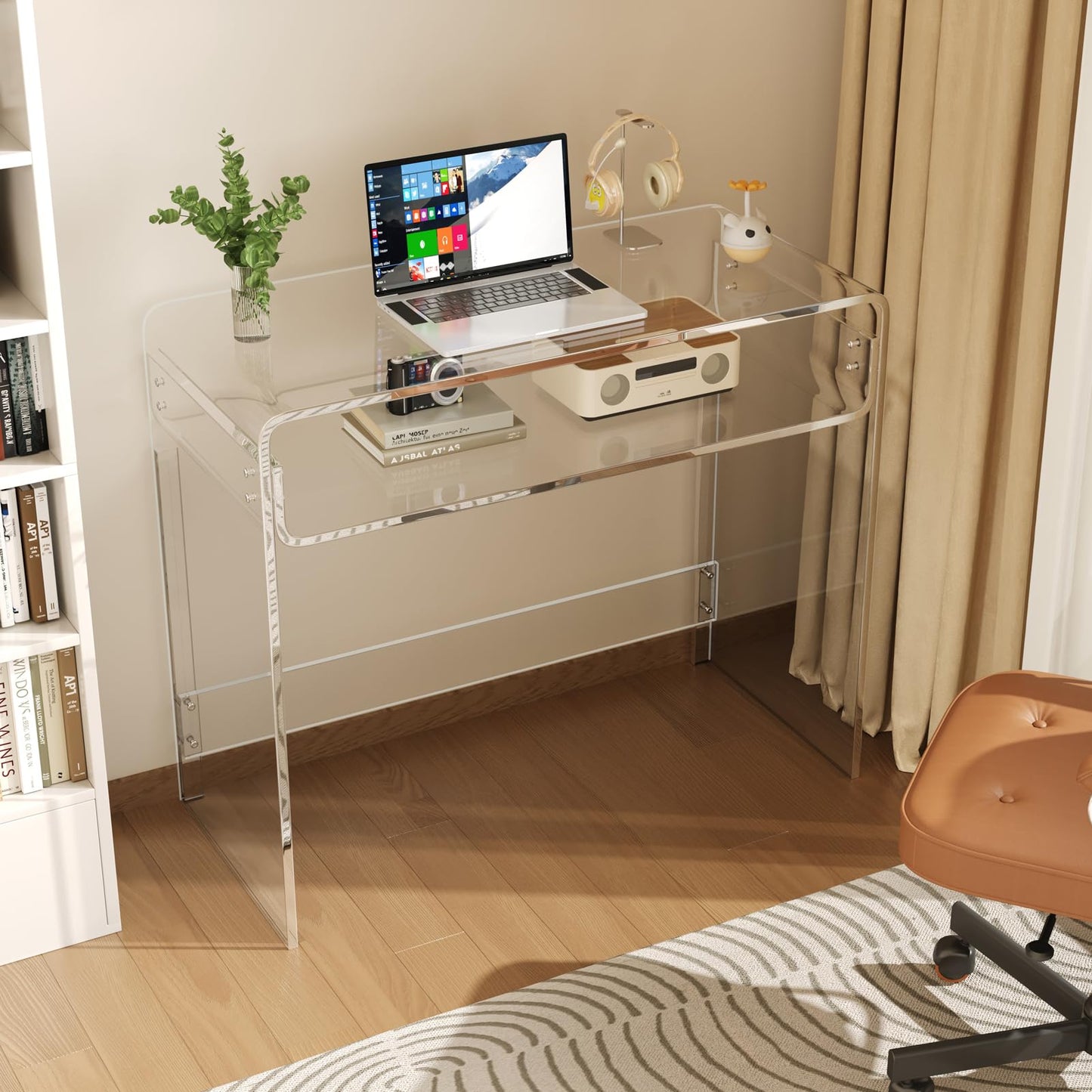 XOHYW Acrylic Office Desk, Modern Laptop Writing Study Table with Open Storage, Transparent Console Entryway Table, 33.5" L x 15.8" W x 29.5" H, for Home, Bedroom (Clear)